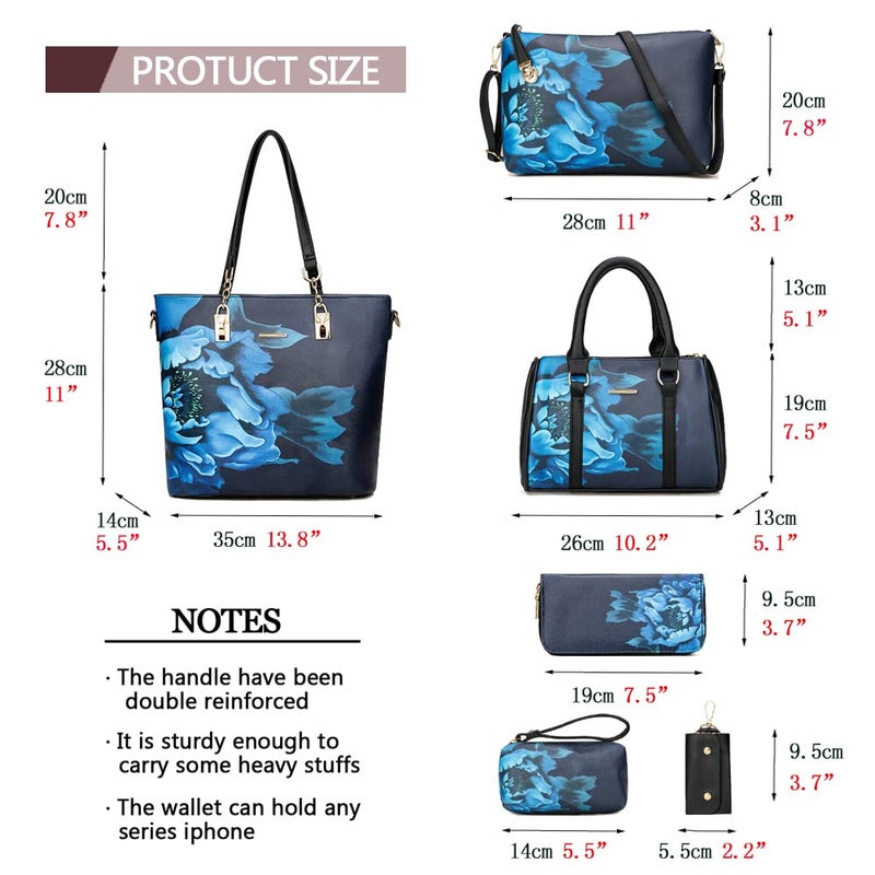 2E-youth Women Designer Purses And Handbags Set Satchel Shoulder Bags Tote Bags 6pcs Wallets (black&blue) - Image 3